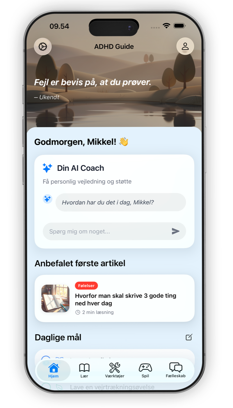 Forsiden i ADHD Guide med AI Coach, artikler og daglige mål